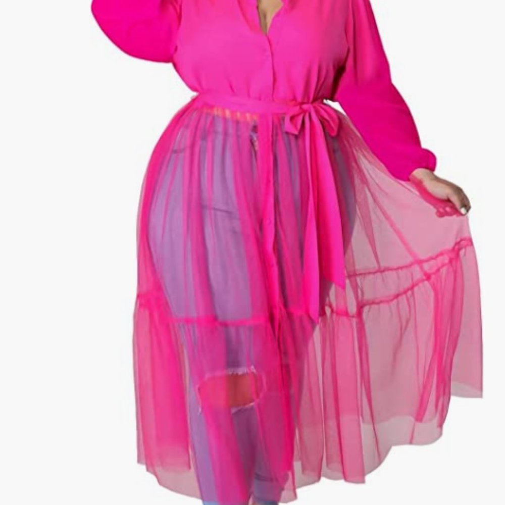 Sexy Plus Size Lapel Shirt Dress (Mesh  Puff 3/4 Sleeve)- Belt included